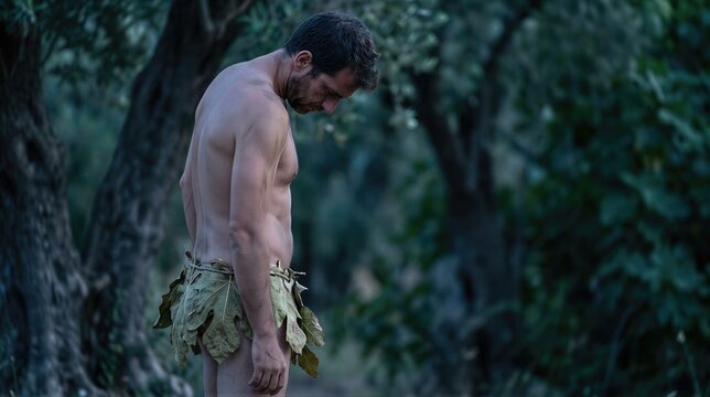 Adam in the Garden of Eden wearing a leaf loincloth. Biblical man experiencing shame after the fall. Religious scene depicting humanity expulsion from paradise. Genesis narrative art.