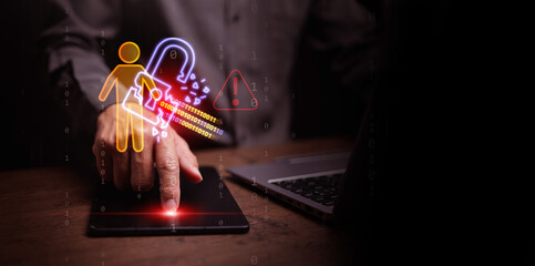 Personal data breach and cybersecurity concept. Broken padlock protecting human figure is attacked, held by a man using tablet. Identity theft protection, web scam, information leak, exposed, or hack © OleCNX