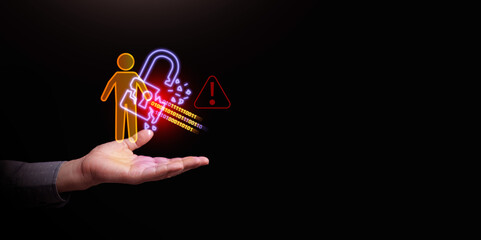 Personal data breach and cybersecurity concept. Broken padlock protecting human figure is attacked, held by a man. Identity theft protection, web scam, information leak, warning alert, and hacker hack © OleCNX