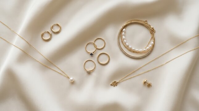 Top view of assorted jewelry arranged neatly on silk cloth with balanced spacing and soft diffused lighting creating a clean and