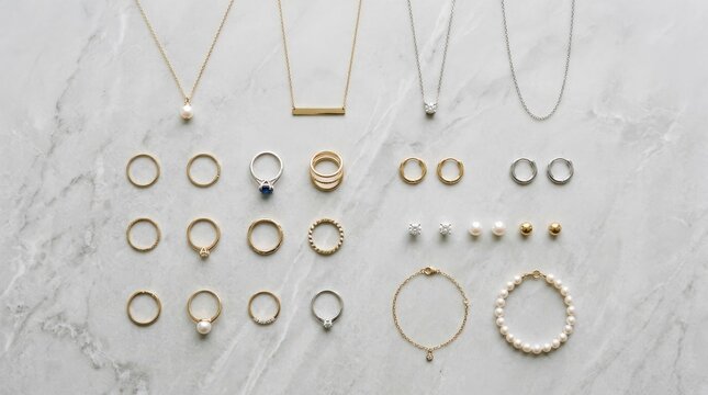 Top view of assorted jewelry arranged neatly on a stone surface with balanced spacing and soft diffused lighting creating a clean