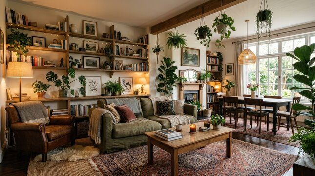 Wide interior scene with layered decor elements including rugs plants shelves and lighting creating depth and warmth in a cozy