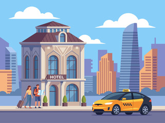 Naklejka premium A city hotel building with travelers arriving while a yellow taxi waits outside, symbolizing adventure, travel, and urban living in a vibrant metropolitan environment.