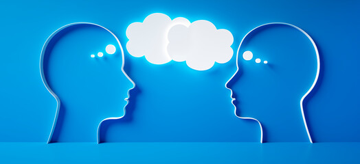 Two mirrored head outlines facing each other with connected thought bubbles in front of a vibrant blue wall