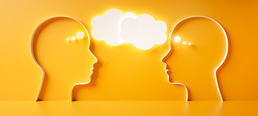 Two mirrored head outlines facing each other with connected thought bubbles in front of a vibrant yellow wall