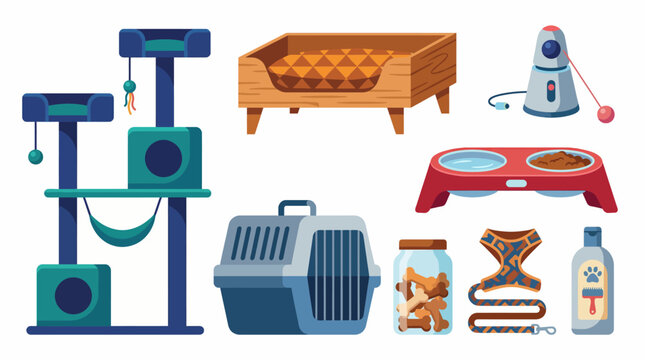 A collection of colorful pet supplies including a scratching post, pet bed, food bowl, and other essentials aimed at enhancing the lives of cats and dogs at home.