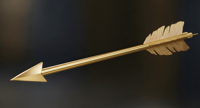 A single golden arrow with a sharp pointed head and decorative feather fletching on dark background illustration