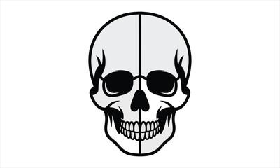 Fototapeta premium A black and white illustration of a human skull with a vertical line down the middle on isolated white background