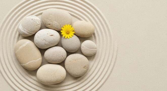 Zen garden harmony smooth stones and a vibrant yellow flower in a circular arrangement