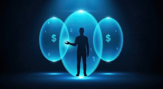 Digital protection and security a silhouette surrounded by glowing protective shield bubbles