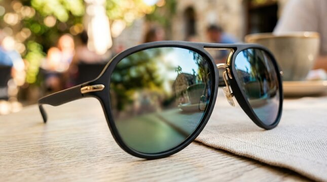 Close-up of sunglasses with reflective lenses capturing light and subtle reflections creating a modern and stylish accessory scene