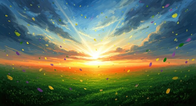Vibrant sunset over lush green field a breathtaking display of natural beauty and light