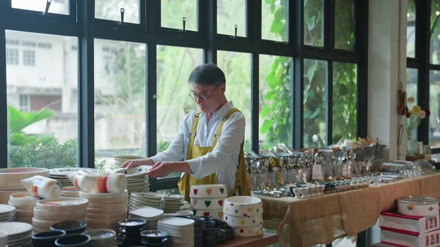 Professional mature man in apron inspecting quality of handmade ceramic dishware in a boutique craft shop with natural window light.