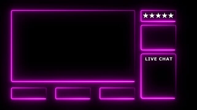 Neon glowing animated intermission stream overlay with hud facecam border, chat frame design for live broadcast visuals. Magenta color on black background. 4k video.