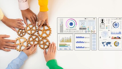 Obraz premium Engaging teamwork image featuring hands working on gears alongside a data analytics dashboard, illustrating collaboration and strategic planning for collective success. Raster
