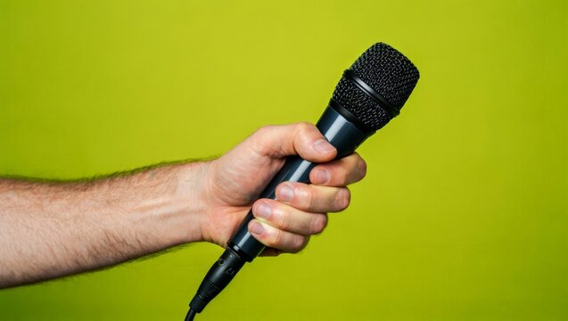 A close-up shot of a hand holding a microphone against a bright green background, ideal for radio or podcast recording, broadcasting, or voiceover work.