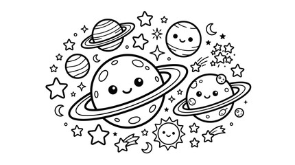 Smiling Cartoon Planets and Stars. © Siwit