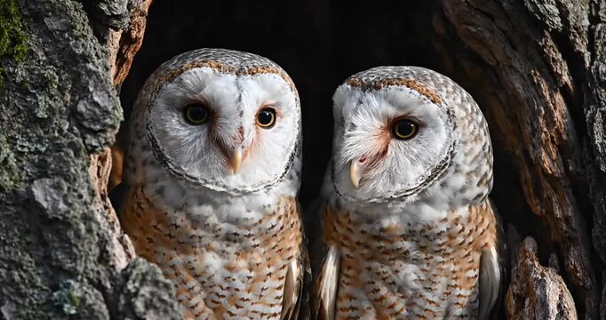 Two owls sitting in tree hole.