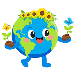 Fototapeta premium Cartoon Illustration of Earth Character with Young Plants and Sunflowers