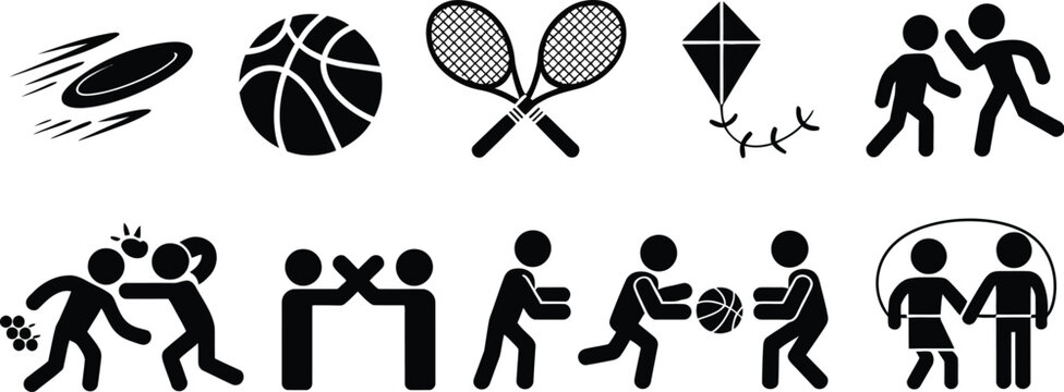 Collection of Outdoor Games and Activities Icons for Children&rsquo;s Fun, Playtime, Recreation, School Sports, Playground Entertainment, Kids Leisure Activities, Editable Vector Illustration Set