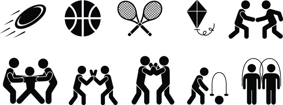 Collection of Outdoor Games and Activities Icons for Children&rsquo;s Fun, Playtime, Recreation, School Sports, Playground Entertainment, Kids Leisure Activities, Editable Vector Illustration Set