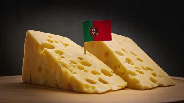 Two dynamic hard cheese triangles for paella from Algarve farms and Portugal flag.