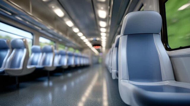 Cinematic low-angle shot of an empty train interior, modern ergonomic seats stretching along polished floor, overhead lighting softly diffused, perspective lines emphasizing length