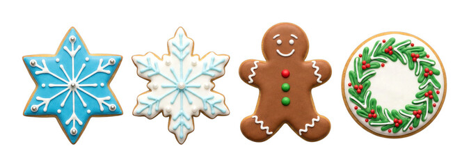 Fototapeta premium Festive Christmas cookies including a gingerbread man, snowflake, star, and wreath designs, beautifully decorated with colorful icing.