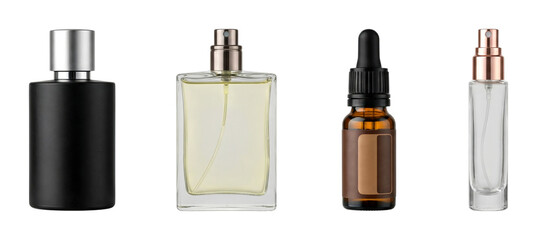 Obraz premium Various perfume bottles and an essential oil dropper bottle displayed in a row, showcasing different designs and materials for cosmetic products.