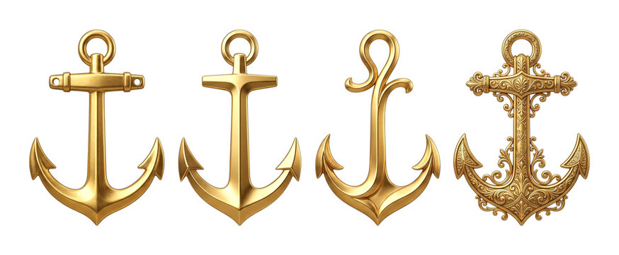 Four golden anchors of varying designs, from simple to ornate, symbolizing stability and maritime heritage.