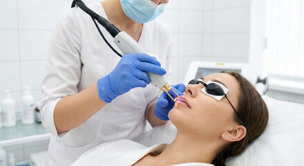 Naklejka premium Cosmetologist performing facial laser hair removal on upper lip of young woman wearing protective safety eyewear.
