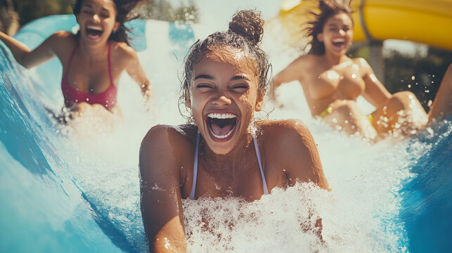 Friends racing down a waterslide on a sunny day