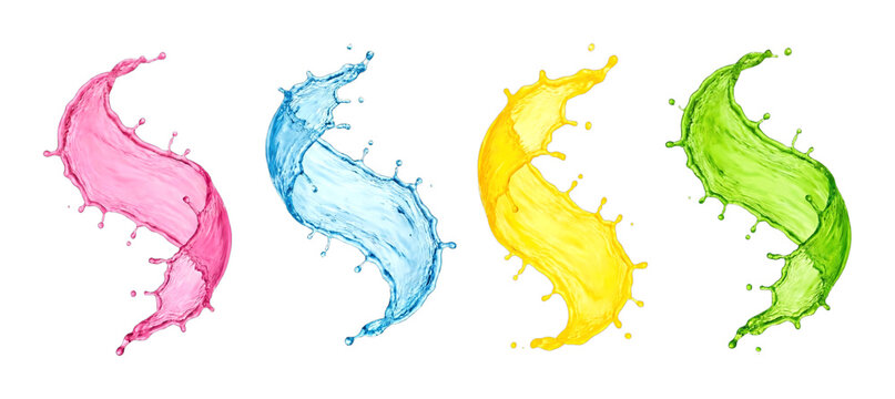 Colorful liquid splashes in dynamic motion, featuring vibrant pink, blue, yellow, and green fluids with droplets.