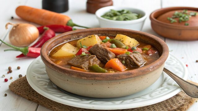 Chilean cazuela stew served in a rustic bowl with fresh vegetables on a wooden table