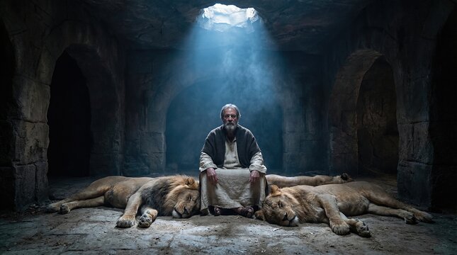 Prophet Daniel, a senior man, sits calmly in a cave with two sleeping lions. Faith, protection, and miraculous salvation in the Old Testament story.