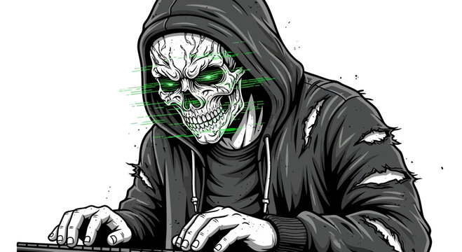 Hacker Skeleton Typing on Keyboard, Digital Glitch Eyes, Cybercrime Concept