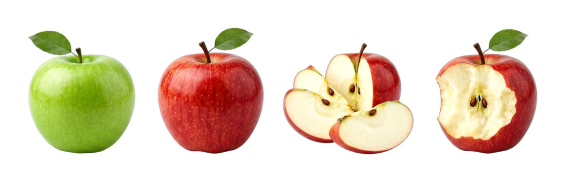 Fresh green and red apples, including sliced and bitten fruit, showcasing healthy and natural food options for a balanced diet.