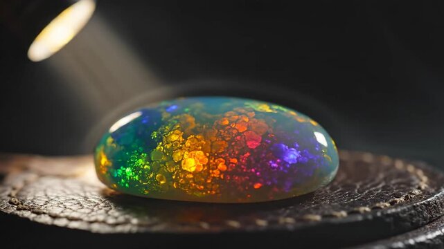 A round opal gemstone with brilliant color illuminated brightly