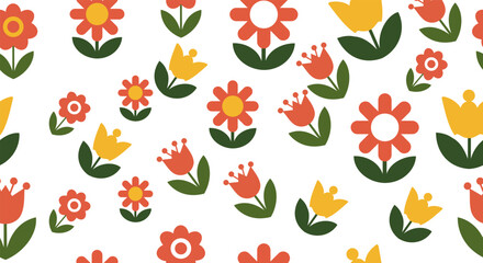 Obraz premium Seamless pattern of stylized red and yellow flowers with green leaves on white floral pattern