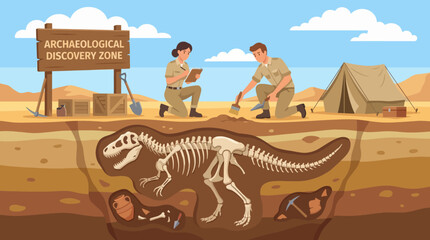 An engaging illustration depicting archaeologists unearthing dinosaur fossils in a desolate landscape, showcasing an exciting moment of scientific discovery and exploration. © xie