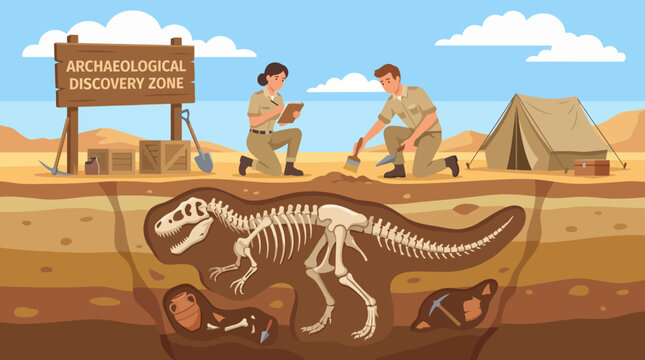 An engaging illustration depicting archaeologists unearthing dinosaur fossils in a desolate landscape, showcasing an exciting moment of scientific discovery and exploration.