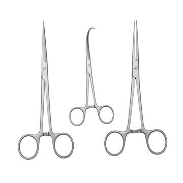 Three surgical scissors with ring handles and sharp tips arranged in a row