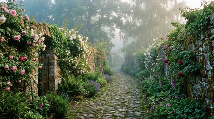 Fototapeta premium Cobblestone path between stone walls with roses leading into mist
