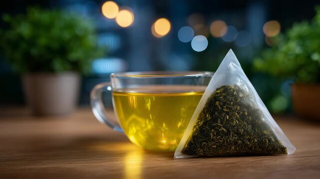 Close-up of a pyramid tea bag containing green tea, fine mesh catching ambient light, wooden table beneath with soft reflections, blurred background creating cozy brewing atmospher