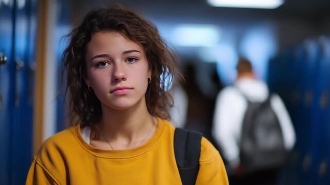 Close-up of a student&rsquo;s anxious expression as they glance at a group of laughing peers in the distance, lockers and corridor stretching behind them in blur, cinematic lighting crea