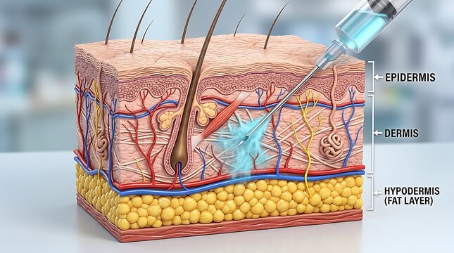 Detailed Medical Illustration of Skin Layers Showing Dermal Injection with Annotations for Epidermis, Dermis, and Hypodermis (Fat Layer)