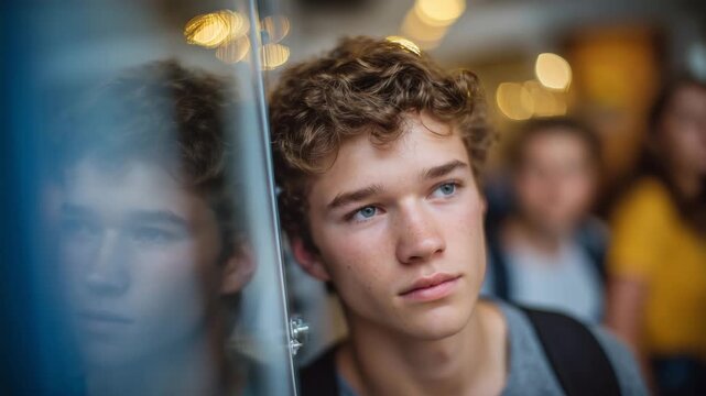 Close-up of a student&rsquo;s reflective gaze at their own reflection in a locker door, blurred classmates in motion behind them, soft lens flare and shallow depth of field emphasizing s
