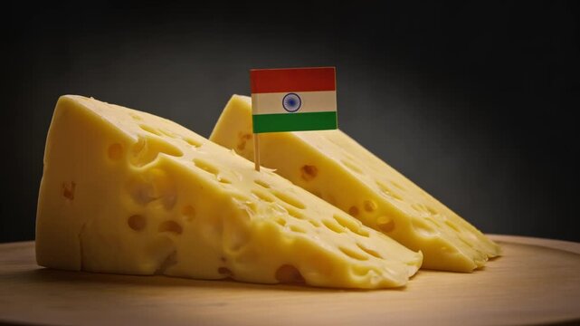 Vivid composition of holey cheese triangles, India orange-white-green flag on toothpick emphasizes national accent on dark background.