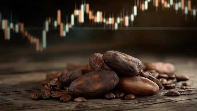 Close-up of roasted cocoa beans and coffee beans scattered on a rustic wooden surface, overlaid with semi-transparent stock market price charts and candlesticks, subtle reflections