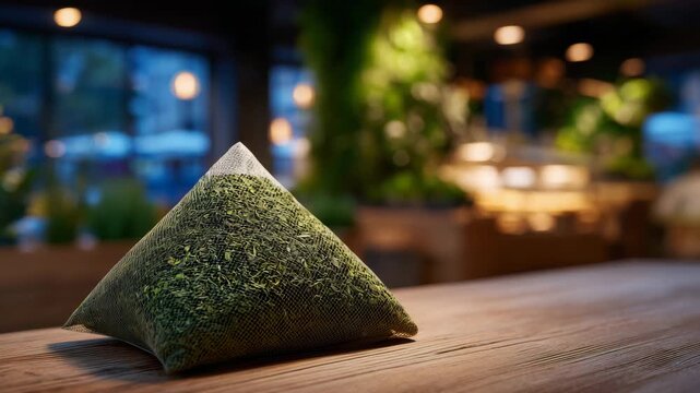 Close-up perspective of green tea pyramid bag, delicate mesh structure in focus, wooden table surface softly blurred behind, cinematic shallow depth emphasizing texture and brewing